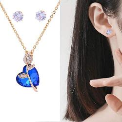 Grasiue: Blue Colorful Heart Crystal with Gold Flower Necklace, Gold Coating Type with White Crystal Earrings. to Elegant and Fashion You. Christmas Party, Feast, Dating, Daily.