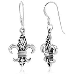 SUVANI 925 Sterling Silver Filigree Fleur De Lis Dangle Hook Earrings