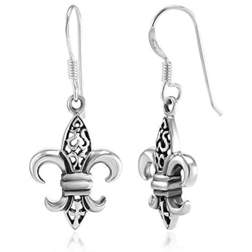SUVANI 925 Sterling Silver Filigree Fleur De Lis Dangle Hook Earrings