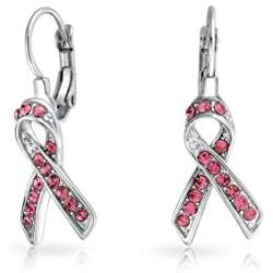 Crystal Pink Breast Cancer Awareness Support Ribbon Earrings For Women Leverback Silver Plated Alloy