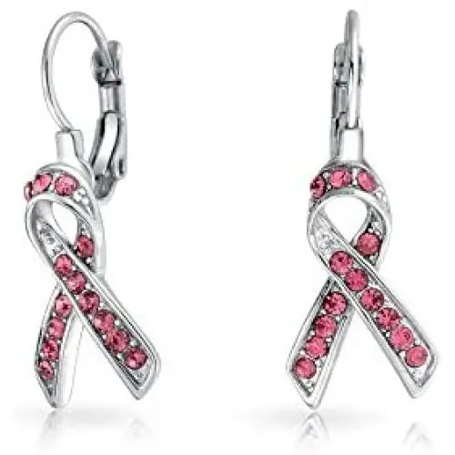 Crystal Pink Breast Cancer Awareness Support Ribbon Earrings For Women Leverback Silver Plated Alloy Crystal Pink Breast Cancer Awareness Support Ribbon Earrings For Women Leverback Silver Plated Alloy