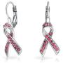 Crystal Pink Breast Cancer Awareness Support Ribbon Earrings For Women Leverback Silver Plated Alloy