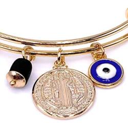 18K Gold Plated Expandable Bangle Bracelet Charm St. Benedict Medal & Genuine Azabache Stone