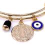 18K Gold Plated Expandable Bangle Bracelet Charm St. Benedict Medal & Genuine Azabache Stone