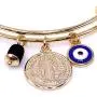 18K Gold Plated Expandable Bangle Bracelet Charm St. Benedict Medal & Genuine Azabache Stone