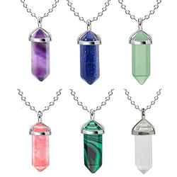 6 Facet Natural Prism Stone Rose Quartz Pendant Necklace Adjustable Hexagonal Crystal Pointed Wire Wrapped Healing Necklace for Men Women Girl Boy Geometric Jewelry Gift 6-7Pcs
