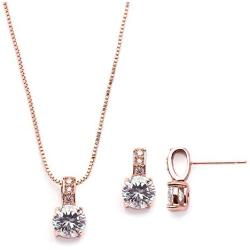 Mariell Rose Gold Round-Cut Cubic Zirconia Necklace Earrings Set for Brides, Bridesmaids & Everyday Wear