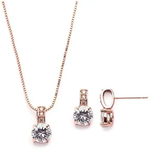 Mariell Rose Gold Round-Cut Cubic Zirconia Necklace Earrings Set for Brides, Bridesmaids & Everyday Wear Mariell Rose Gold Round-Cut Cubic Zirconia Necklace Earrings Set for Brides, Bridesmaids & Everyday Wear