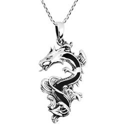 Legendary Chinese Dragon Simulated Black Onyx Inlay .925 Sterling Silver Pendant Necklace