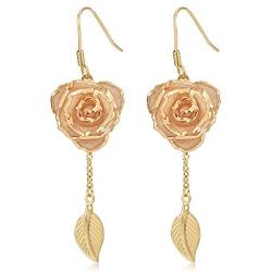Rose Gold Earrings, Gift for Women & Girls ZJchao 24K Gold Real Flower Petal Dangle with Leaf Long Drop Rose Jewelry