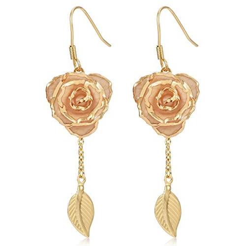 Rose Gold Earrings, Gift for Women & Girls ZJchao 24K Gold Real Flower Petal Dangle with Leaf Long Drop Rose Jewelry