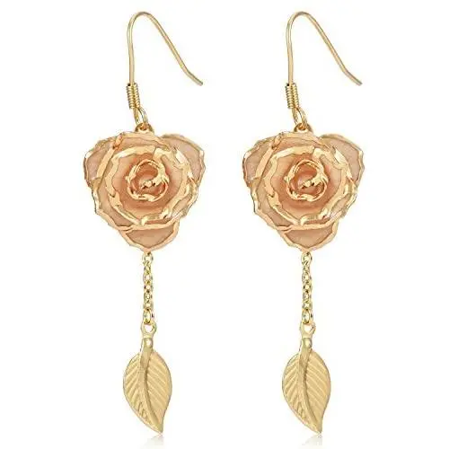 Rose Gold Earrings, Gift for Women & Girls ZJchao 24K Gold Real Flower Petal Dangle with Leaf Long Drop Rose Jewelry