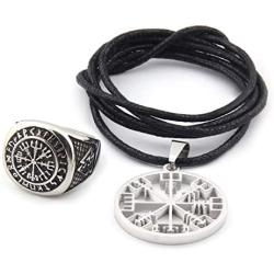 DUTO Set Vegvisir Rune Ring & Viking Compass Necklace Adjustable Cord Chain Pagan Jewelry Protection for Mens Womens
