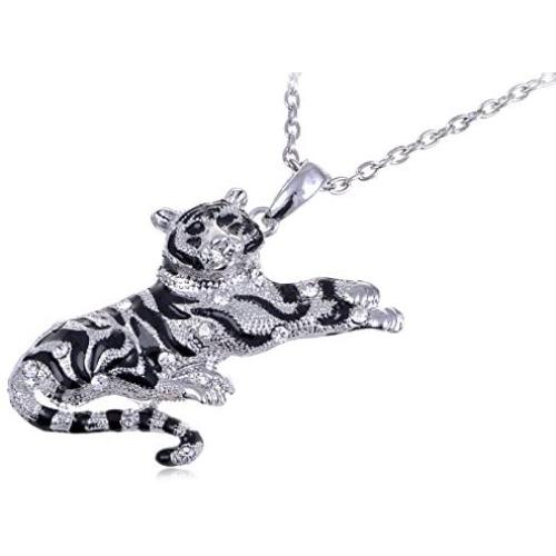 Alilang Golden Tone Rhinestone Black Enamel Stripe Tiger Pendant Necklace