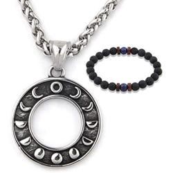 GUNGNEER Stainless Steel Triple Moon Goddess Amulet Wicca Pentagram Round Pagan Star Jewelry Keel Chain 20'' 28''
