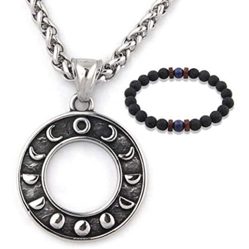 GUNGNEER Stainless Steel Triple Moon Goddess Amulet Wicca Pentagram Round Pagan Star Jewelry Keel Chain 20'' 28''