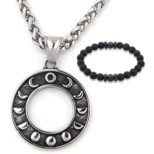 GUNGNEER Stainless Steel Triple Moon Goddess Amulet Wicca Pentagram Round Pagan Star Jewelry Keel Chain 20'' 28'' GUNGNEER Stainless Steel Triple Moon Goddess Amulet Wicca Pentagram Round Pagan Star Jewelry Keel Chain 20'' 28''