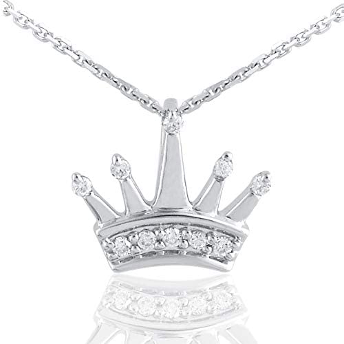 TJD 0.04 Carat Natural Diamond Necklace 925 Sterling Silver (H-I Color, I2-I3 Clarity) Diamond Studded Princess Crown Pendant Necklace for Women Diamond Jewelry Gifts for Women