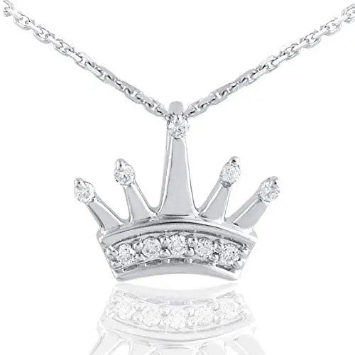 TJD 0.04 Carat Natural Diamond Necklace 925 Sterling Silver (H-I Color, I2-I3 Clarity) Diamond Studded Princess Crown Pendant Necklace for Women Diamond Jewelry Gifts for Women