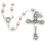 Catholic Silver Swarovski Pearl Rosary Necklace with Rose Detailed 2''L Crucifix Pendant (Italian Made)