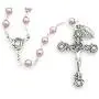 Catholic Silver Swarovski Pearl Rosary Necklace with Rose Detailed 2''L Crucifix Pendant (Italian Made)