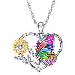 YFN Sterling Silver Butterfly Necklace with Sunflower Pendant Necklaces Gift for Women Girls 18''