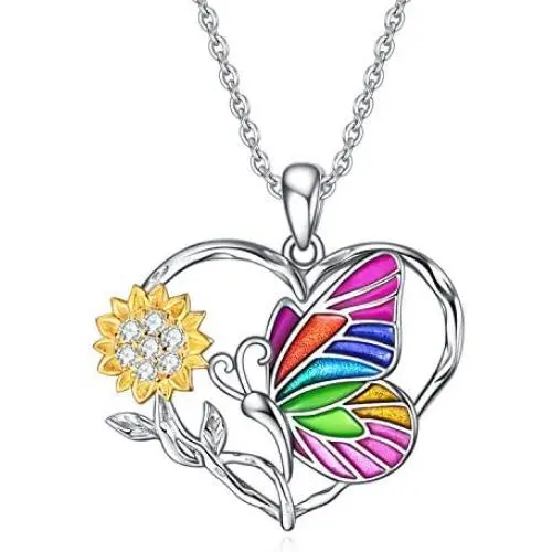 YFN Sterling Silver Butterfly Necklace with Sunflower Pendant Necklaces Gift for Women Girls 18''