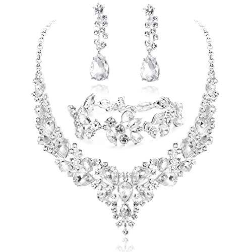 LOYALLOOK Crystal Bridal Jewelry Set for Women Rhinestone Necklace Earrings Bracelet Wedding Bridesmaid Gifts fit with Wedding Dress