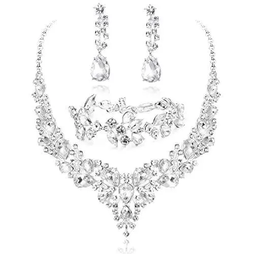LOYALLOOK Crystal Bridal Jewelry Set for Women Rhinestone Necklace Earrings Bracelet Wedding Bridesmaid Gifts fit with Wedding Dress