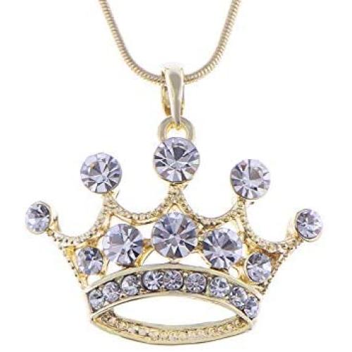 Alilang Clear Crystal Rhinestone Gold Emperor Royal Crown King Queens Pendant Necklace