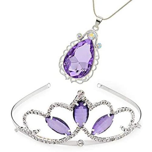 Princess Crown Sofia The First Tiara and Magic Amulet & Princess Waterdrop Pendant Necklace for Girls Perfect Birthday/Christmas Gift