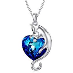 AOBOCO Cat Necklace Sterling Silver Cute Cat Pendant Jewelry with Ocean Blue Heart Crystal Gifts for Cat Lover