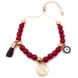 LESLIE BOULES Saint Benedict Red Wine Glass Beads Bracelet Adjustable Genuine Azabache & Blue Evil Eye Protection Jewelry