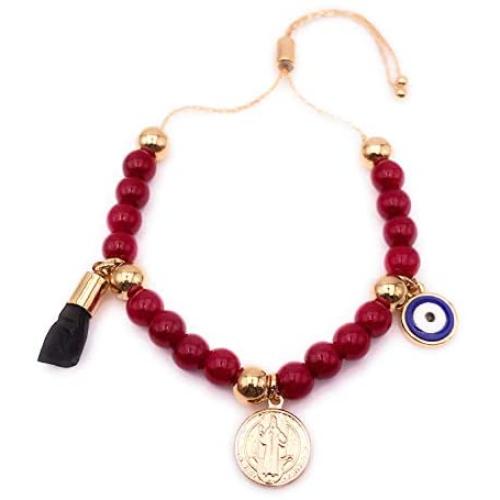 LESLIE BOULES Saint Benedict Red Wine Glass Beads Bracelet Adjustable Genuine Azabache & Blue Evil Eye Protection Jewelry
