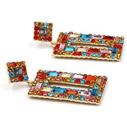 Statement Drop Earrings Colorful Gorgeous Rhinestone Geometric Square Crystal Rainbow Stone Shining Earrings Ear Jewelry for Women Girls