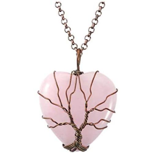 Top Plaza Natural Rose Quartz Healing Crystals Necklace Bronze Tree Of Life Wire Wrapped Stone Heart Pendant Necklaces Reiki Quartz Jewelry for Womens Girls Ladies