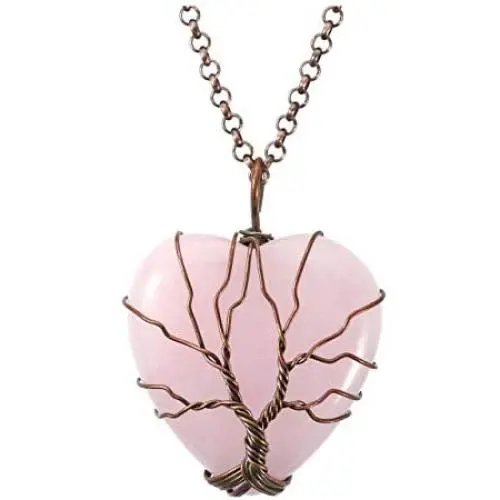 Top Plaza Natural Rose Quartz Healing Crystals Necklace Bronze Tree Of Life Wire Wrapped Stone Heart Pendant Necklaces Reiki Quartz Jewelry for Womens Girls Ladies