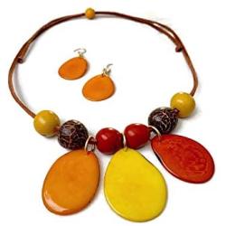 Tagua Nut Necklace Peach and Yellow Tagua Necklace Set and Earrings TAG622, Vegetable Ivory Necklace. Handmade Jewelry