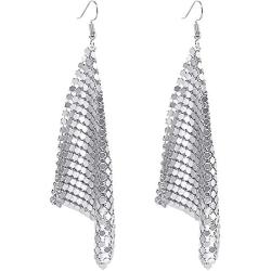 Suyi Trendy Women Earrings Metal Mesh Grid Sequins Tassel Long Drop Dangle Earrings