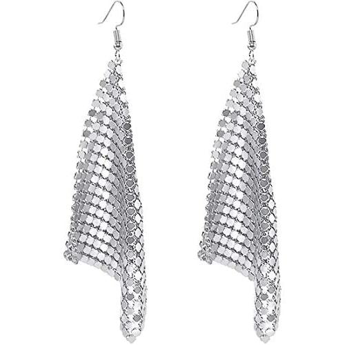 Suyi Trendy Women Earrings Metal Mesh Grid Sequins Tassel Long Drop Dangle Earrings