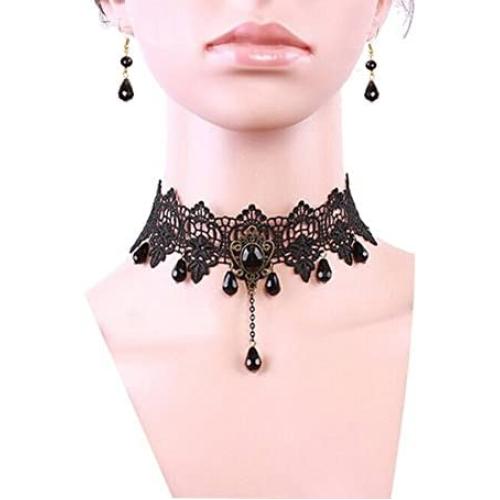 MEiySH Black Lace Gothic Lolita Pendant Choker Necklace Earrings Set