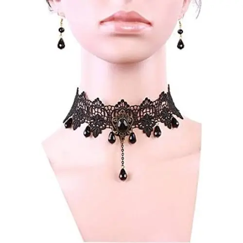 MEiySH Black Lace Gothic Lolita Pendant Choker Necklace Earrings Set MEiySH Black Lace Gothic Lolita Pendant Choker Necklace Earrings Set