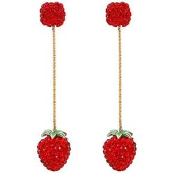 Channel V Red Strawberry Dangle Earrings Small Red Heart Cute Fruit Food Long Tassel Earring 3D Red Rhinestone Jewelry for Women Valentine’s Day Birthday Gift