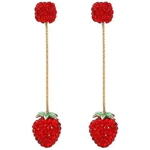 Channel V Red Strawberry Dangle Earrings Small Red Heart Cute Fruit Food Long Tassel Earring 3D Red Rhinestone Jewelry for Women Valentine’s Day Birthday Gift