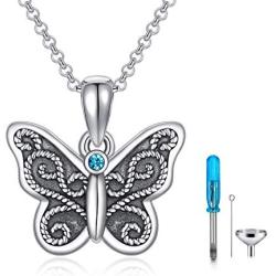 ROMANTIC WORK Filigree Butterfly Cremation Urn Necklace for Human/Pet Ashes Sterling Silver with Cubic Zirconia Animal Pendant Memory Jewelry for Women Mother Nana Daughter, Engraved-Always with Me