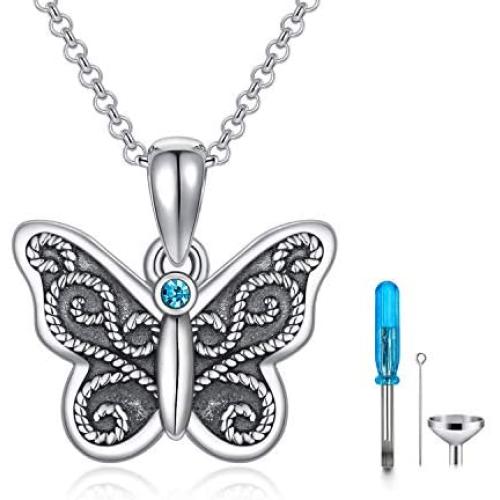 ROMANTIC WORK Filigree Butterfly Cremation Urn Necklace for Human/Pet Ashes Sterling Silver with Cubic Zirconia Animal Pendant Memory Jewelry for Women Mother Nana Daughter, Engraved-Always with Me