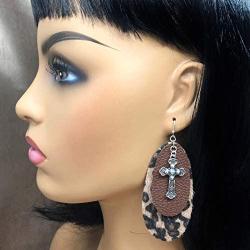 Faux Leather Trendy Double Oval Cross Charm Swing Dangle Large Big Earrings