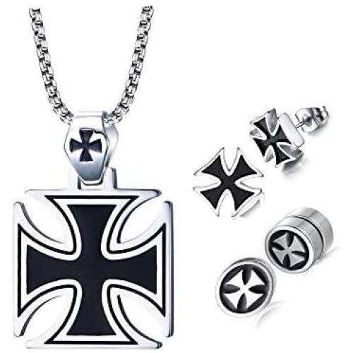 MPRAINBOW Mens Hollow Vintage Templar Knight Cross Pendant Necklace Biker Gothic Jewelry,Free Chain