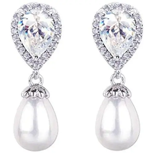 SELOVO Dangle Earrings Bride Cubic Zirconia Simulated Pearl Drop Chandeliar Earrings SELOVO Dangle Earrings Bride Cubic Zirconia Simulated Pearl Drop Chandeliar Earrings