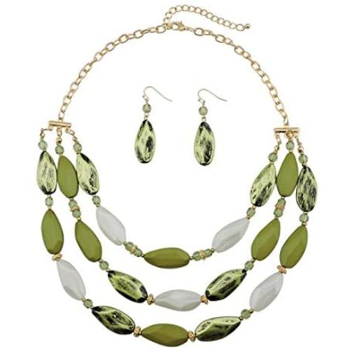 Bocar 3 Layer Beads Statement Necklace Earring for Women Jewelry Set